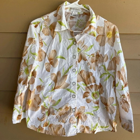 Casual Floral Embrodiered Cotton Long Sleeve Button Down Shirt - Womens Size XLP - Picture 1 of 5